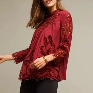Haryln by Anthropologie high neck, burgundy, eyelet lace blouse